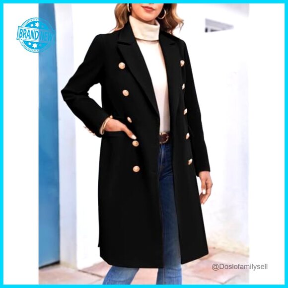 Elegant Notched Collar Double Button Slim Long Wool Blend Pea Coat Jacket - Picture 4 of 7